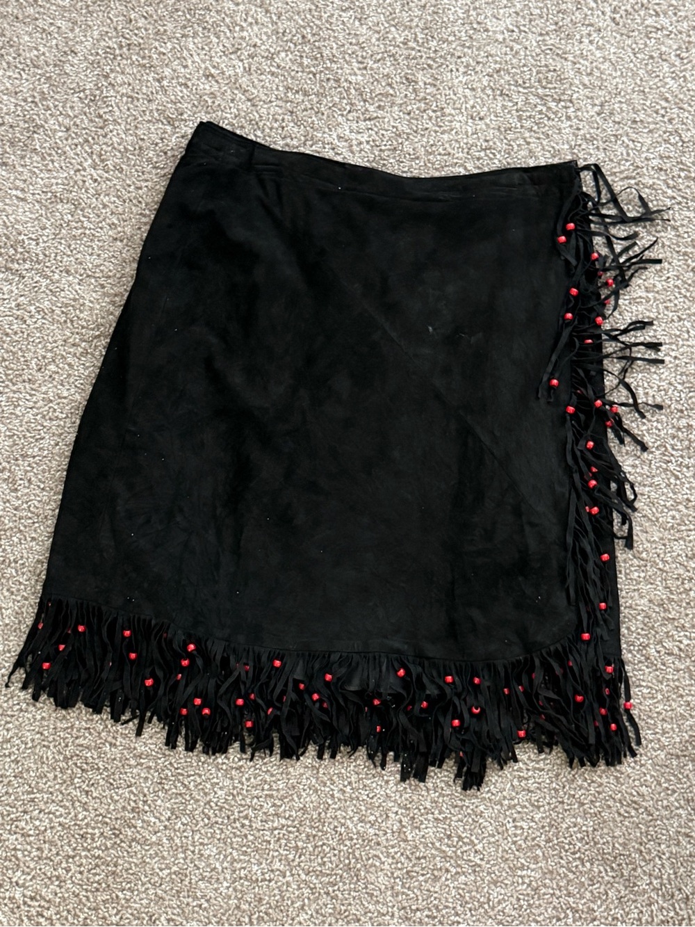 Vintage Black Suede Fringe Red Bead Western Wrap Midi Skirt L XL Cowgirl - Picture 5 of 9